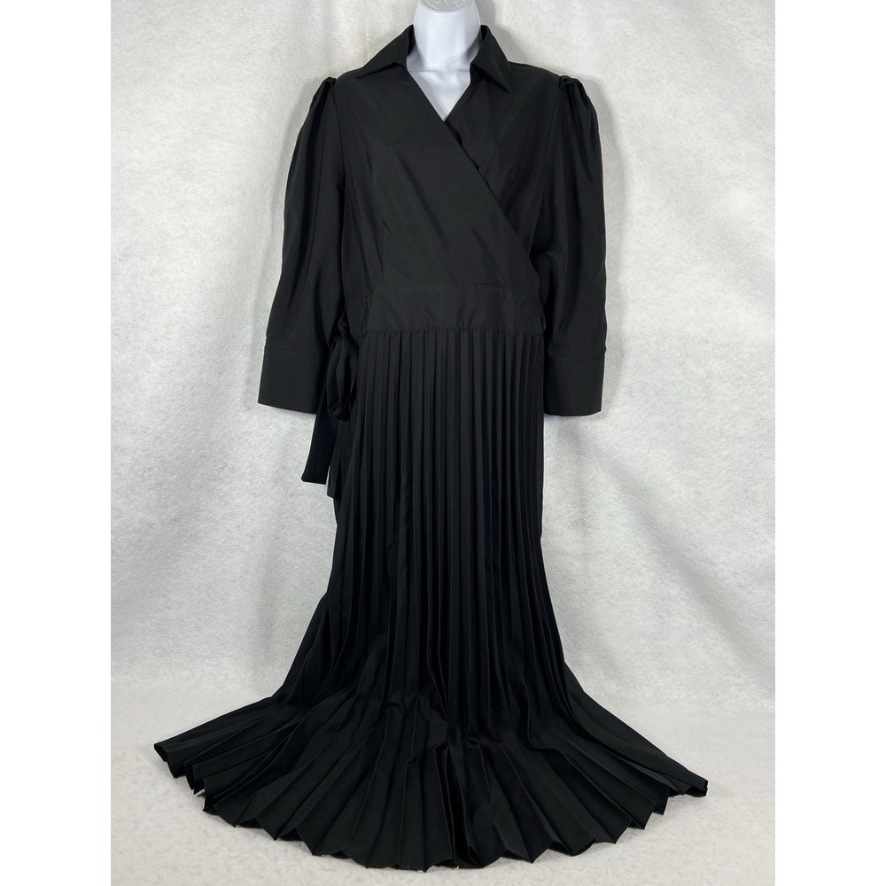 Stylewe Maxi Dress Women's Large Black Faux Wrap Pleated Collard 3/4 Sleeve NWOT